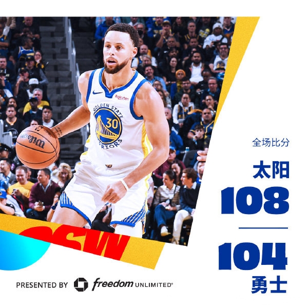 NBA战报：太阳108-104战胜勇士，布克32分杜兰特18分10板，库里27分6板