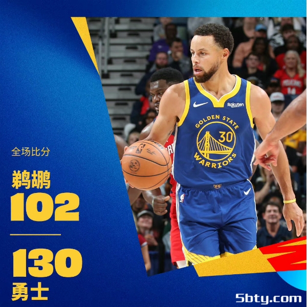 NBA常规赛：勇士130-102击败鹈鹕拿到三连胜，库里42分5板5助，克莱休战