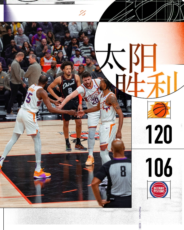 NBA常规赛：太阳120-106战胜活塞结束三连败，杜兰特41分，康宁汉姆26+6